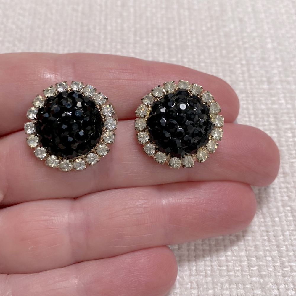 Vintage Rhinestone and Black Glass Post Earrings GC